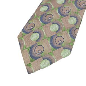 Secours Silk Tie Men’s 59” Taupe Green Blue Geometric Circles Retro Wide New